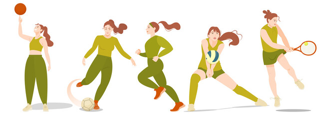 A set of illustrations with beautiful girls - athletes. Football player, basketball player, tennis player, runner, volleyball player. The concept of sports, playing sports, active lifestyle. Vector il