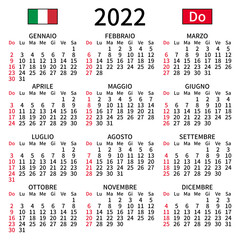 2022 year calendar. Simple, clear and big. Italian language. Week starts on Sunday. Sunday highlighted. No holidays. Vector illustration. EPS 8, no gradients, no transparency