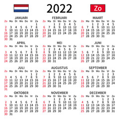 2022 year calendar. Simple, clear and big. Dutch language. Week starts on Sunday. Sunday highlighted. No holidays. Vector illustration. EPS 8, no gradients, no transparency