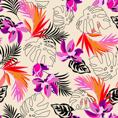 Seamless  illustration pattern of tropical leaves, dense junglecolors. Banner with tropic summertime motif for  texture, wrapping paper, textile or wallpaper design