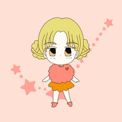 Cute girl in fluffy clothes with bun hair on the star zodiac sign Aries background. Hand drawn illustration.