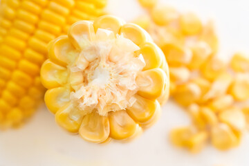 Grains of ripe corn, fresh golden corn, corncob