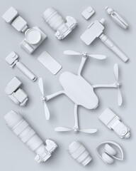 Top view of monochrome designer workspace and photography gear on black table