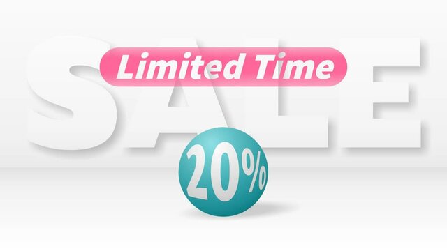 A beautiful turquoise ball with 20 percent discount rolls against big white letters SALE and the pink inscription LIMITED TIME appears above it