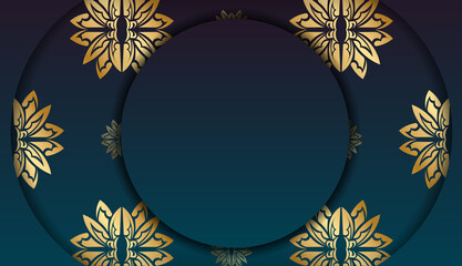 Background with gradient blue color with mandala gold pattern and place for logo or text