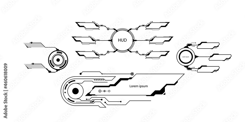 Poster hud futuristic elements set with virtual hi scifi technology gadget interface for game app ui illust
