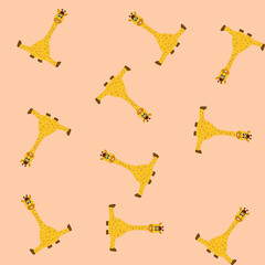 Cute sitting and smiling giraffes for gift wrap paper on beige background 