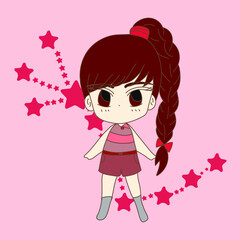 Cute girl in red striped sleeveless shirt ,and dark red short pants ,and gray boots with red long braid hair style  on the star zodiac sign Scorpio background. Hand drawn illustration.