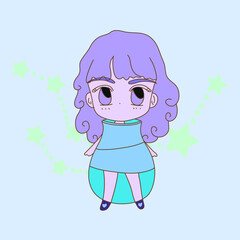 Cute girl in blue turtle neck dress and violet curl long hair style on the star zodiac sign Aquarius background. Hand drawn illustration.