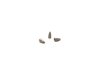 Three lead bullet weights with concave bases to fit worm noses isolated on white