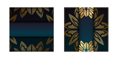 Brochure template with gradient blue color with mandala gold ornament prepared for printing.