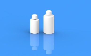 White cosmetic bottles, isolated on a blue background. Cosmetic packaging