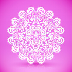 White Lacy Snowflake on Pink Background. Vector Illustration.