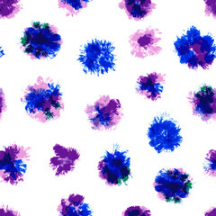 Seamless Pattern with Hand Drawn Blue and Purple Paint Splashes. Tie Dye Stylization. Vector Illustration.