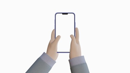 Device Mockup. White cartoon hand holding a phone in jumper with white background.
