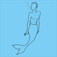 Digital drawing in black on a blue background of a mermaid