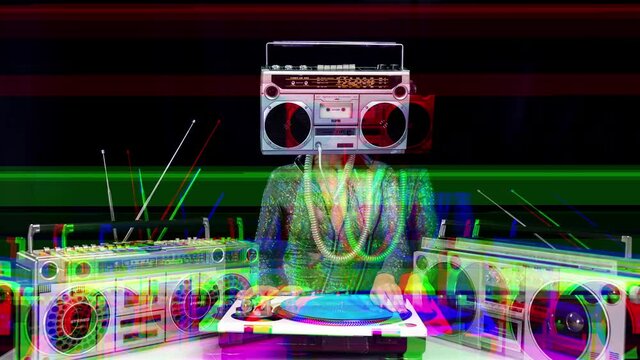Woman with ghettoblaster as a head Djing