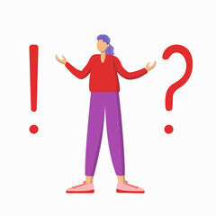 Modern woman with question and exclamation marks. Young thinking man. Problem and solution concept. Question and answer. Dilemma and understanding. Vector flat illustration. Isolated background.