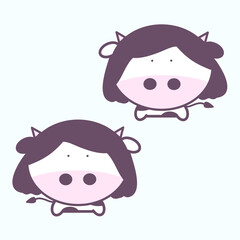 Cute twin cows with long hair cartoon character vector isolated on white background. Hand drawn illustration. Gemini zodiac for ox year.