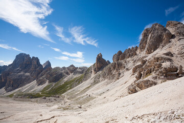 Dolomites landscape, trekking path to Passo Principe refuge