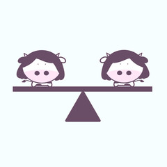 Cute cows with long hair stand on balance scale cartoon character vector isolated on white background. Hand drawn illustration. Libra zodiac for ox year.