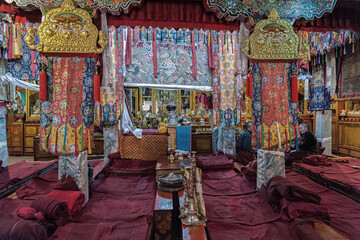 LHASA, TIBET, CHINA - AUGUST, 17 2018: Interiors of the Ani Sangkhung Nunnery. The Ani Sangkhung Nunnery is one of the oldest active nunneries in Tibet. 