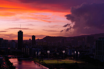 Beautiful sky at sunset in Waikiki, Honolulu, Oahu, Hawaii