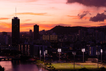 Beautiful sky at sunset in Waikiki, Honolulu, Oahu, Hawaii