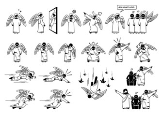 Archangel Lucifer and fallen angels pictogram and icons. Vector illustration of archangel Lucifer being prideful, slandering, angry at God, deceiving man, and falling down.