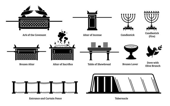 Ark of the Covenant and Christian religious items. Vector of Ark of the Covenant, altar of incense, candlestick, brazen altar, altar of sacrifice, table of shewbread, laver, curtain, and tabernacle.