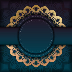 Flyer template with gradient blue color with mandala gold pattern prepared for typography.