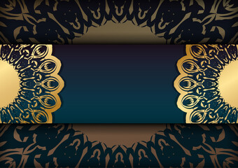 Flyer template with gradient blue color with abstract gold pattern prepared for printing.