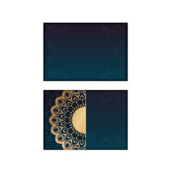 Gradient blue gradient flyer template with abstract gold ornament typography-ready.