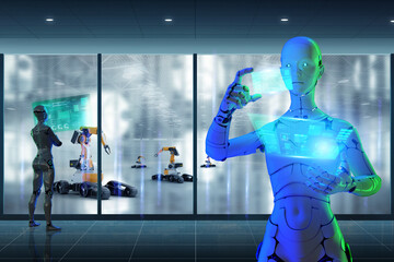 Fototapeta na wymiar 3D Humanoid robot working automated in factory futuristic modern tech, computer aided manufacturing. Future digital technology AI artificial intelligence in industrial factory production line concept.
