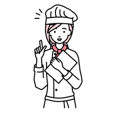 立って書類を手に持って何かひらめいた調理師の女性