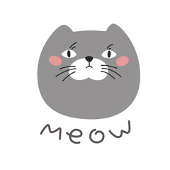 Cute face of a cat with the text MEOW. Vector illustration in flat style. Children's theme of cute animals.