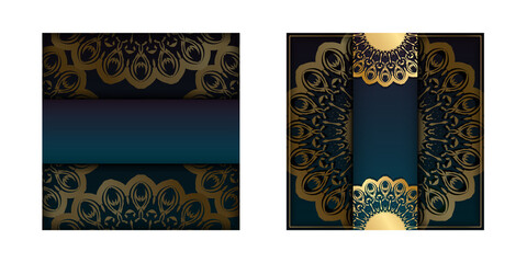 Greeting card template with gradient blue color with luxurious gold pattern prepared for printing.