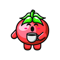 cute tomato drinking coffee icon illustration vector graphic
