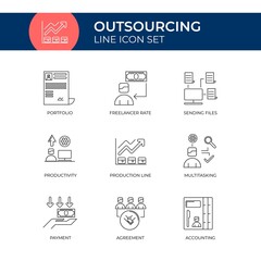 Outsourcing Line Icon Pack Vector Template. Customizable Strokes. Unique Designs Template