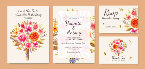 Fototapeta na wymiar Watercolor autumn floral bouquet with orange and red blossoms wedding invitation card