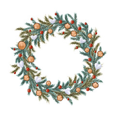 Christmas fir-tree wreath with woodcut circles and heart-shaped snowballs and red balls on white background. Isolated hand-painted illustration of New Year or Christmas decoration for invitations