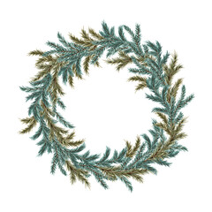 Christmas fir-tree wreath on white background. Isolated hand-painted illustration of New Year or Christmas decoration for invitations, greeting cards, gift wrapping, scrapbooking. Winter Xmas holidays