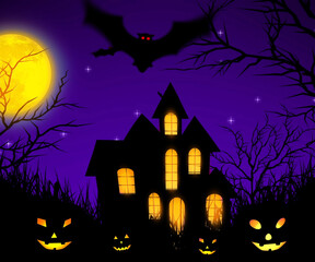 Halloween background. A creepy castle with glowing windows and pumpkin faces. Silhouette of a house, trees and bats with a glowing moon