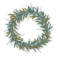 Christmas fir-tree wreath with tiny berried twigs on white background. Isolated hand-painted illustration of New Year or Christmas decoration for invitations, greeting cards, gift wrapping