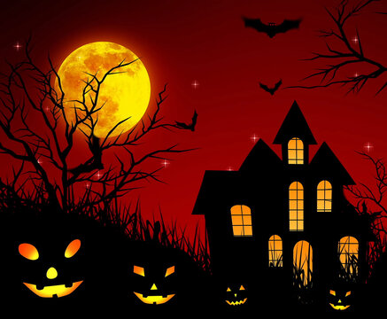 Halloween background. A creepy castle with glowing windows and pumpkin faces. Silhouette of a house, trees and bats with a glowing moon