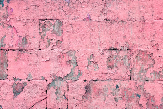 Peeled Off Old Pink Paint On Flat Rough Brick Wall Surface - Full Frame Background And Texture