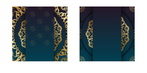 Gradient blue gradient greeting card template with vintage gold pattern prepared for typography.