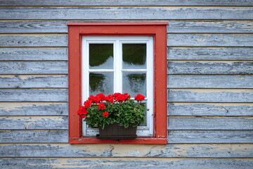 Window with flowers, exterior view of an alpine chalet. Vintage cottage in mountains in Swiss Alps