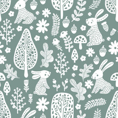Cute rabbits in the Scandinavian forest. Seamless template can be used for wallpapers, fill templates, web pages backgrounds, surface textures