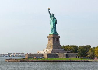 Famous Statue of Liberty, colossal neoclassical sculpture on Liberty Island in New York City, United States.